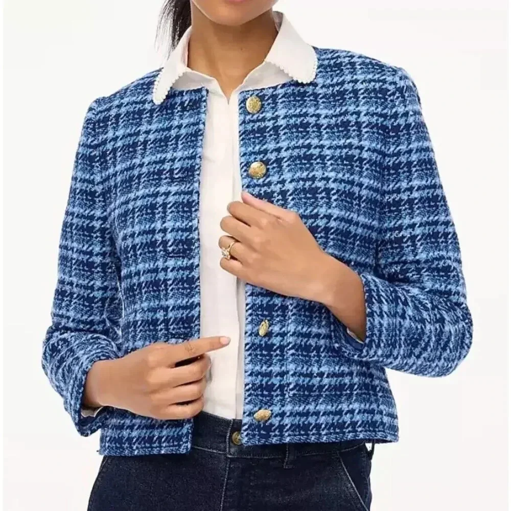 J.Crew $297 Petite Lady Jacket Blue Tweed Herringbone Single Breasted Sz…